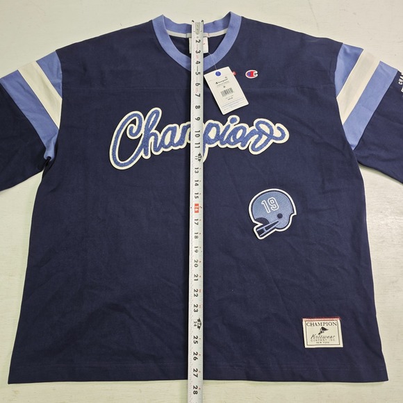 Champion Knitwear Men's V-Neck Retro Varsity Patch Jersey Shirt Navy Sz M NWT - Picture 14 of 14